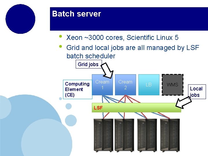 Batch server • • Xeon ~3000 cores, Scientific Linux 5 Grid and local jobs