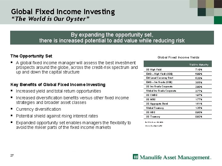 Global Fixed Income Investing “The World is Our Oyster” By expanding the opportunity set,