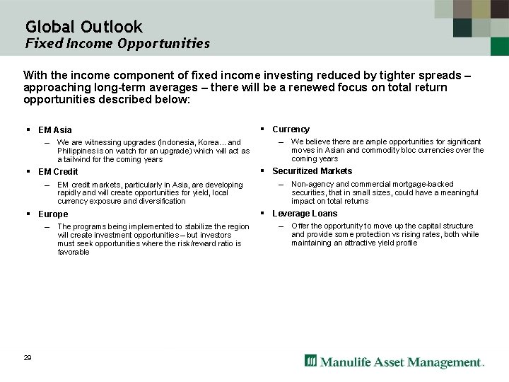 Global Outlook Fixed Income Opportunities With the income component of fixed income investing reduced
