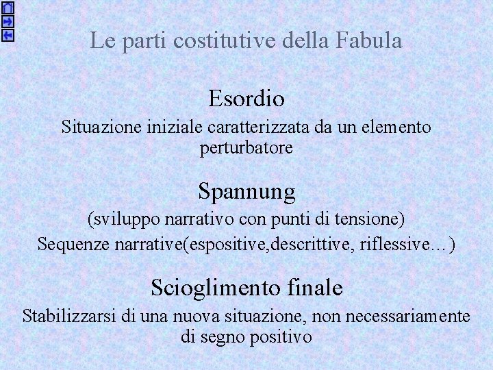 Le parti costitutive della Fabula Esordio Situazione iniziale caratterizzata da un elemento perturbatore Spannung