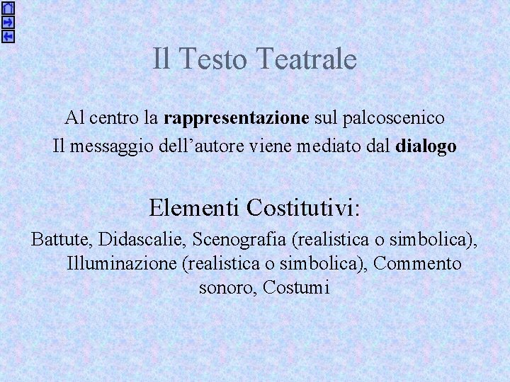 Il Testo Teatrale Al centro la rappresentazione sul palcoscenico Il messaggio dell’autore viene mediato