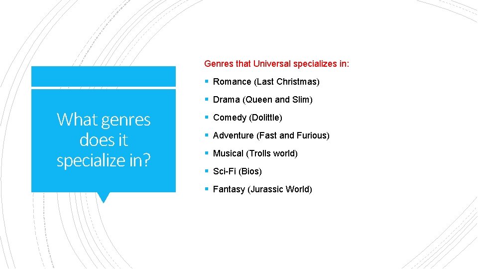 Genres that Universal specializes in: § Romance (Last Christmas) § Drama (Queen and Slim)