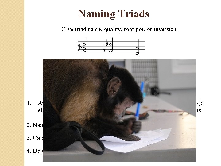 Naming Triads Give triad name, quality, root pos. or inversion. 1. Arrange as a