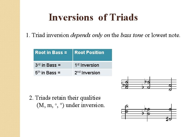 Inversions of Triads 1. Triad inversion depends only on the bass tone or lowest