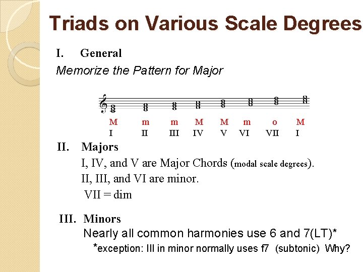 Triads on Various Scale Degrees I. General Memorize the Pattern for Major M I