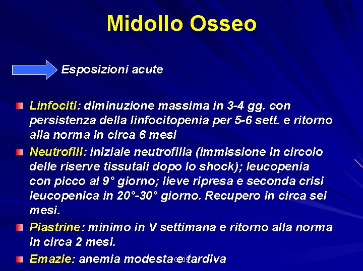 Midollo Osseo Esposizioni acute Linfociti: diminuzione massima in 3 -4 gg. con persistenza della
