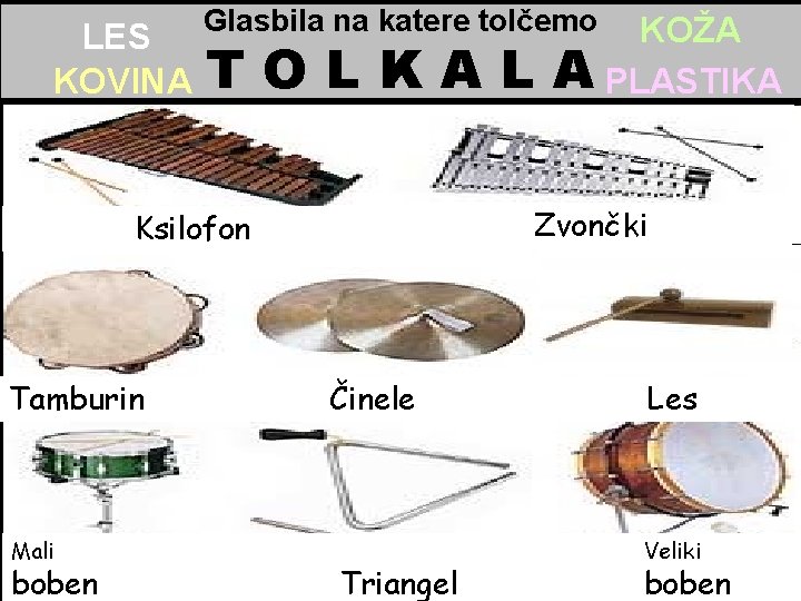 LES KOVINA Glasbila na katere tolčemo TOLKAL Zvončki Ksilofon Tamburin Mali boben KOŽA A