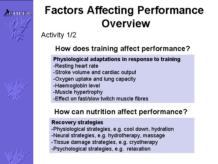 Factors Affecting Performance Overview Activity 1/2 How does training affect performance? Physiological adaptations in
