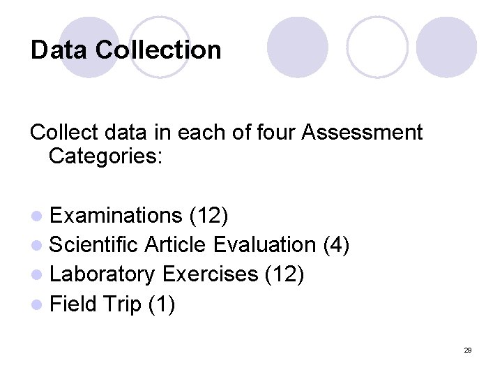 Data Collection Collect data in each of four Assessment Categories: l Examinations (12) l