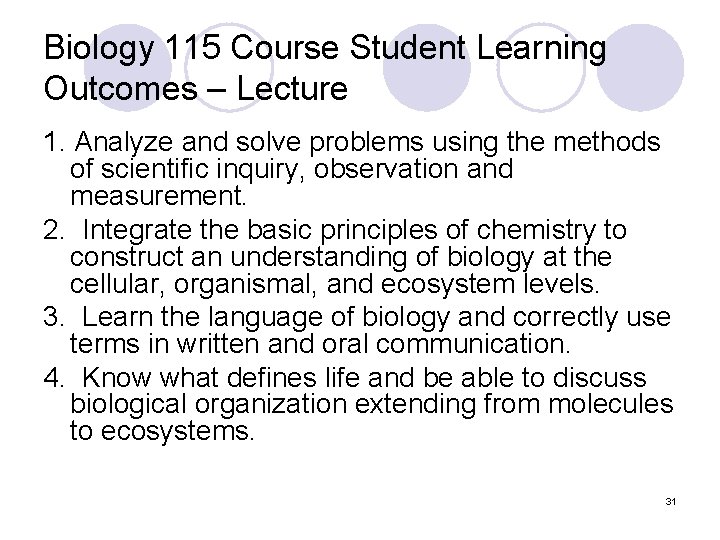 Biology 115 Course Student Learning Outcomes – Lecture 1. Analyze and solve problems using