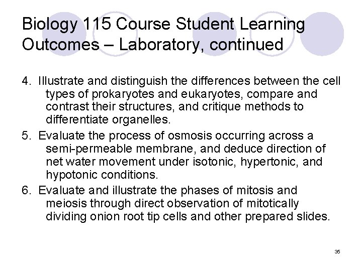 Biology 115 Course Student Learning Outcomes – Laboratory, continued 4. Illustrate and distinguish the