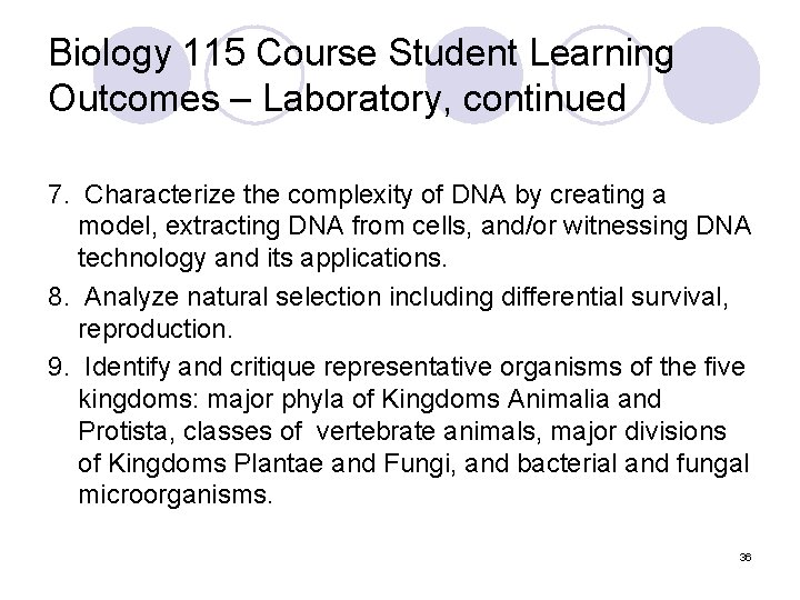 Biology 115 Course Student Learning Outcomes – Laboratory, continued 7. Characterize the complexity of