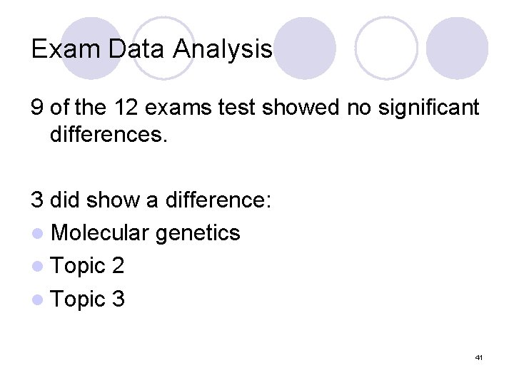 Exam Data Analysis 9 of the 12 exams test showed no significant differences. 3