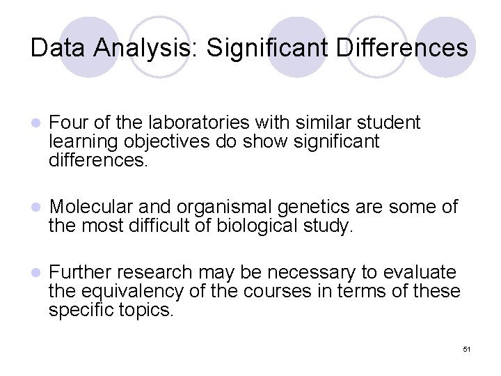 Data Analysis: Significant Differences l Four of the laboratories with similar student learning objectives