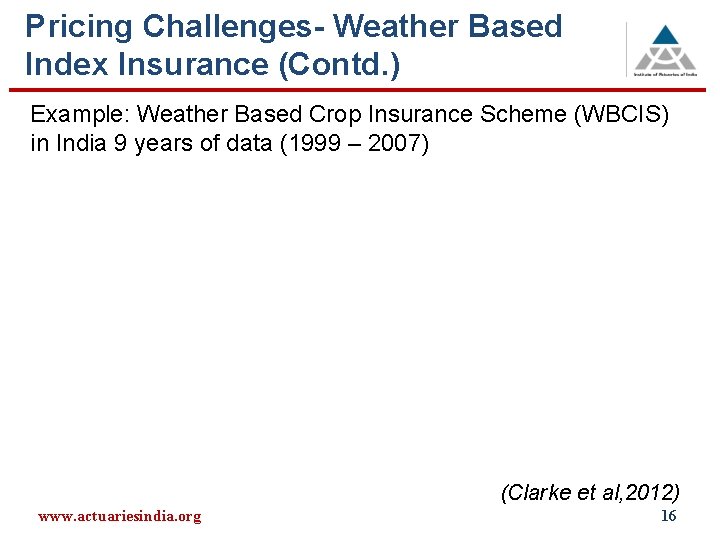 Pricing Challenges- Weather Based Index Insurance (Contd. ) Example: Weather Based Crop Insurance Scheme