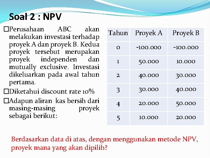 Soal 2 : NPV �Perusahaan ABC akan melakukan investasi terhadap proyek A dan proyek
