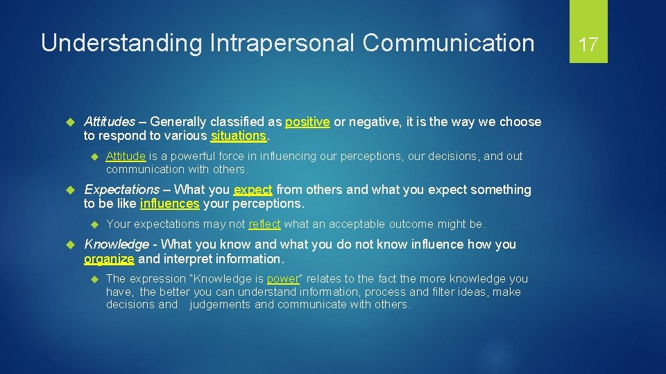 Understanding Intrapersonal Communication Attitudes – Generally classified as positive or negative, it is the
