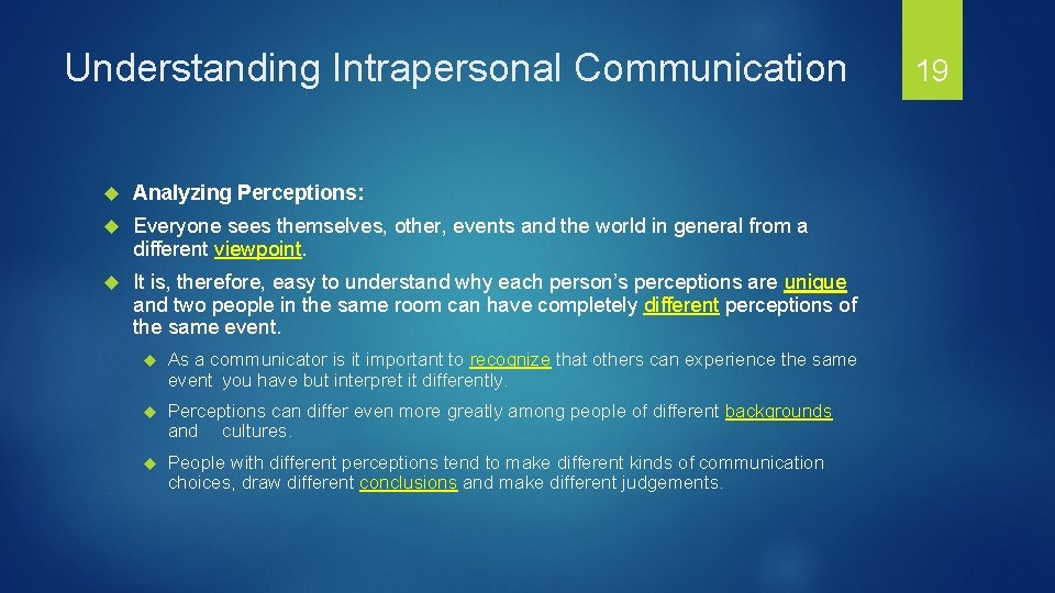 Understanding Intrapersonal Communication Analyzing Perceptions: Everyone sees themselves, other, events and the world in