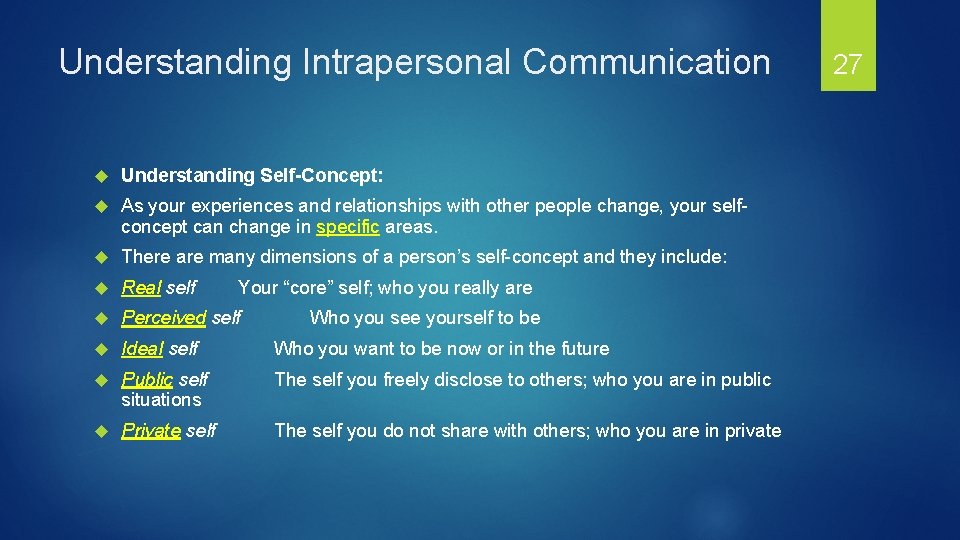 Understanding Intrapersonal Communication Understanding Self-Concept: As your experiences and relationships with other people change,