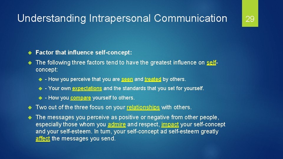 Understanding Intrapersonal Communication Factor that influence self-concept: The following three factors tend to have