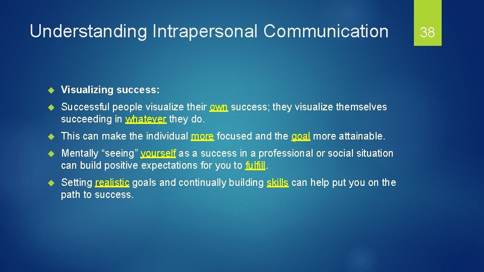 Understanding Intrapersonal Communication Visualizing success: Successful people visualize their own success; they visualize themselves