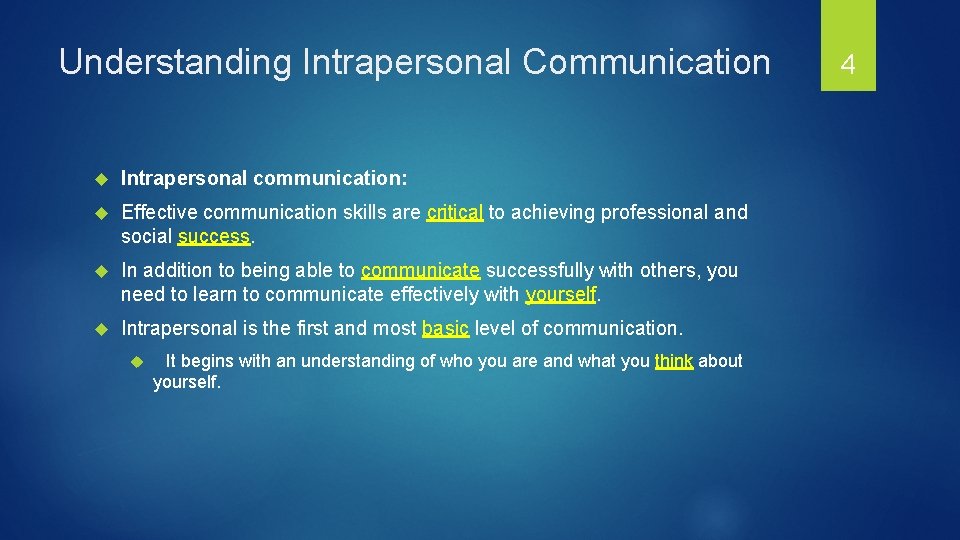 Understanding Intrapersonal Communication Intrapersonal communication: Effective communication skills are critical to achieving professional and