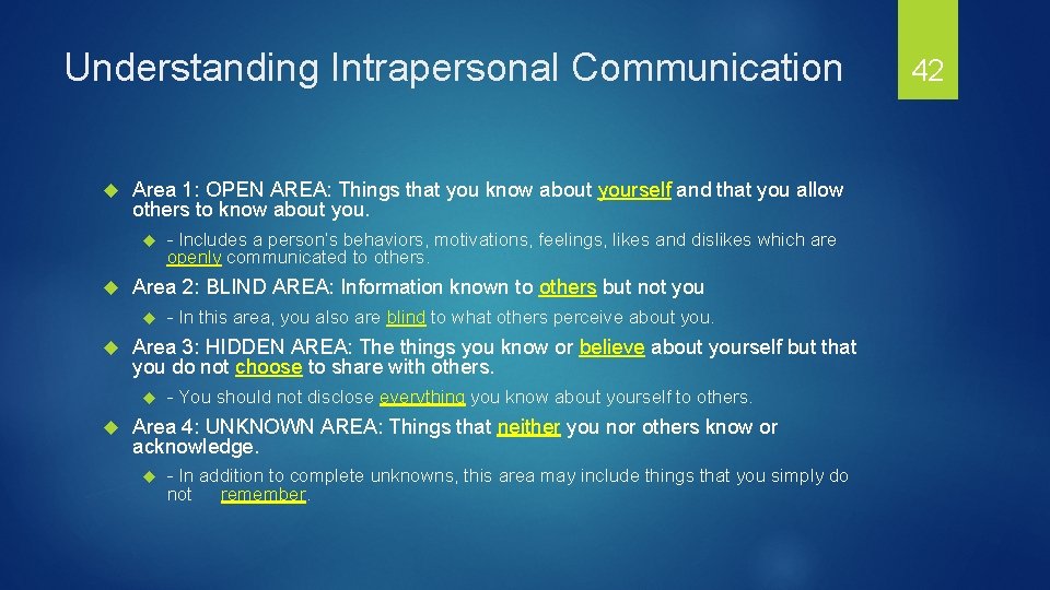 Understanding Intrapersonal Communication Area 1: OPEN AREA: Things that you know about yourself and