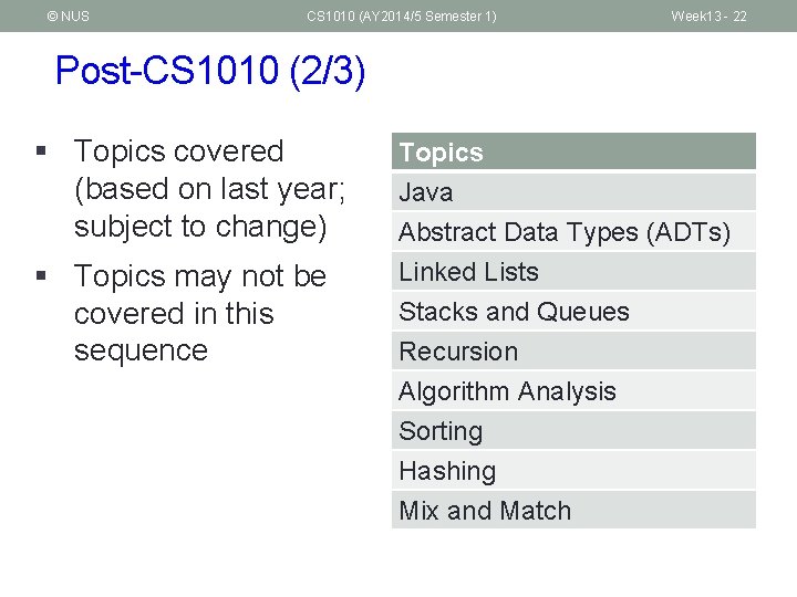 © NUS CS 1010 (AY 2014/5 Semester 1) Week 13 - 22 Post-CS 1010