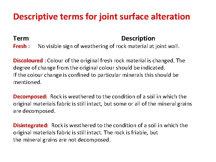 Descriptive terms for joint surface alteration Term Fresh : Description No visible sign of