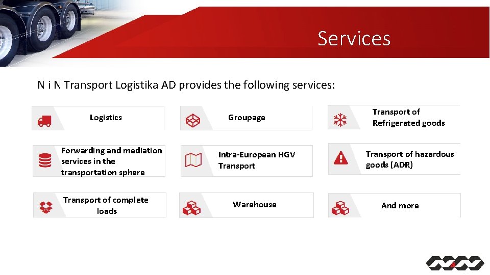 Services N i N Transport Logistika AD provides the following services: Logistics Forwarding and