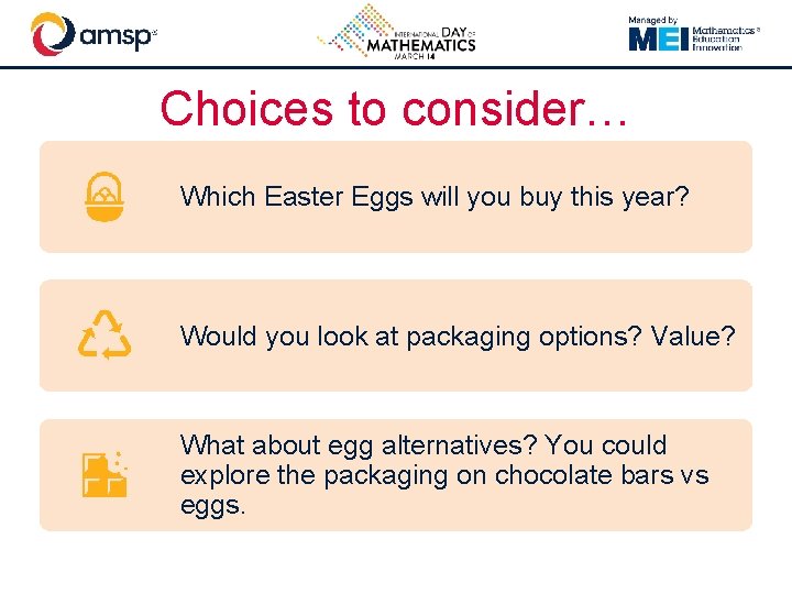 Choices to consider… Which Easter Eggs will you buy this year? Would you look