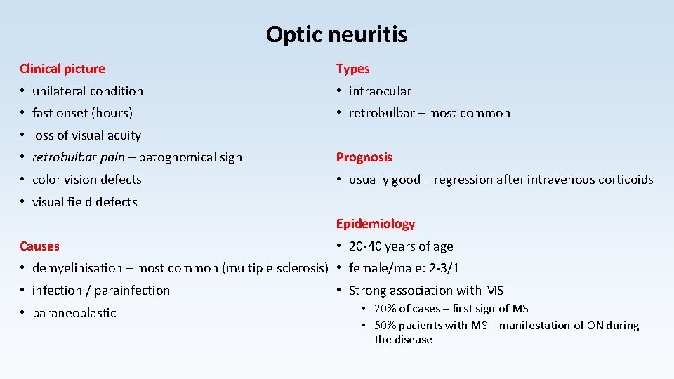 Optic neuritis Clinical picture Types • unilateral condition • intraocular • fast onset (hours)