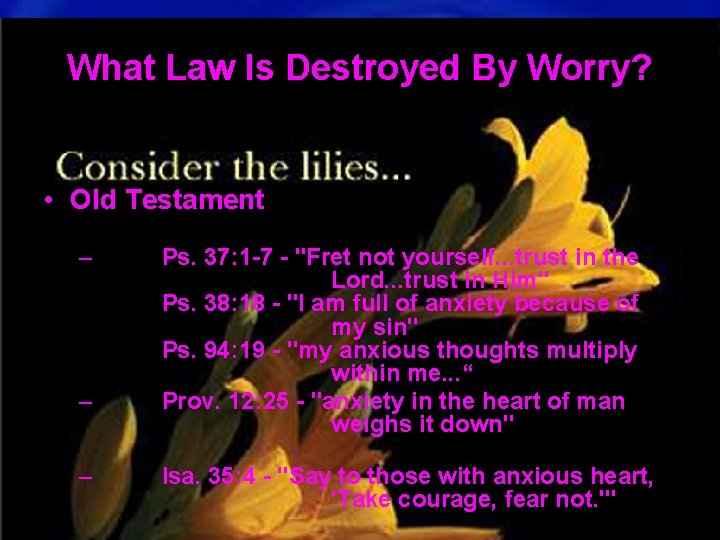 What Law Is Destroyed By Worry? • Old Testament – – – Ps. 37: