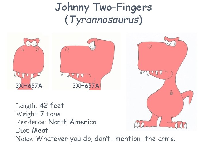 Johnny Two-Fingers (Tyrannosaurus) 3 XH 657 A Length: 42 feet Weight: 7 tons Residence: