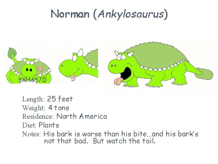 Norman (Ankylosaurus) 3 XH 657 D Length: 25 feet Weight: 4 tons Residence: North