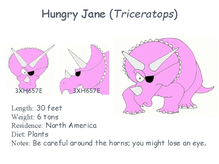 Hungry Jane (Triceratops) 3 XH 657 E Length: 30 feet Weight: 6 tons Residence: