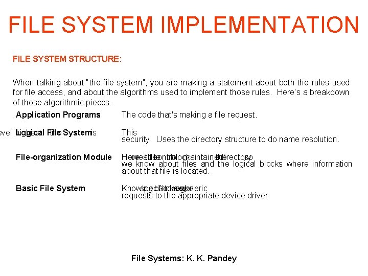 FILE SYSTEM IMPLEMENTATION FILE SYSTEM STRUCTURE: When talking about “the file system”, you are
