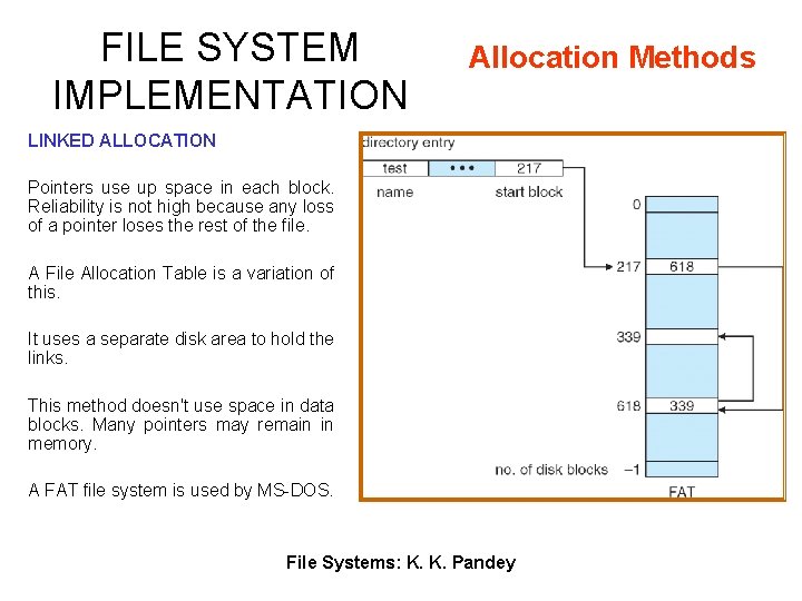 FILE SYSTEM IMPLEMENTATION Allocation Methods LINKED ALLOCATION Pointers use up space in each block.