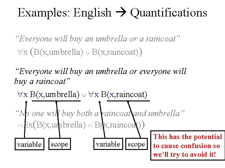 Examples: English Quantifications “Everyone will buy an umbrella or a raincoat” x (B(x, umbrella)