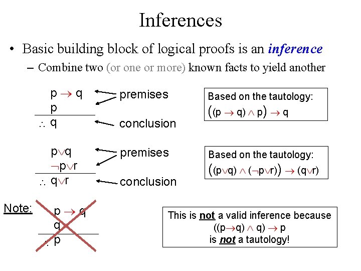 Inferences • Basic building block of logical proofs is an inference – Combine two