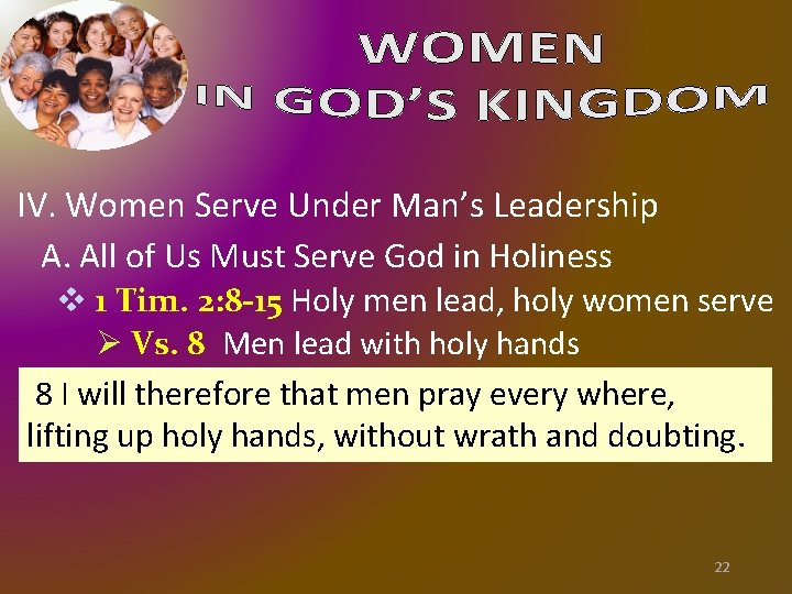 IV. Women Serve Under Man’s Leadership A. All of Us Must Serve God in IV. Women Serve Under Man’s Leadership A. All of Us Must Serve God in