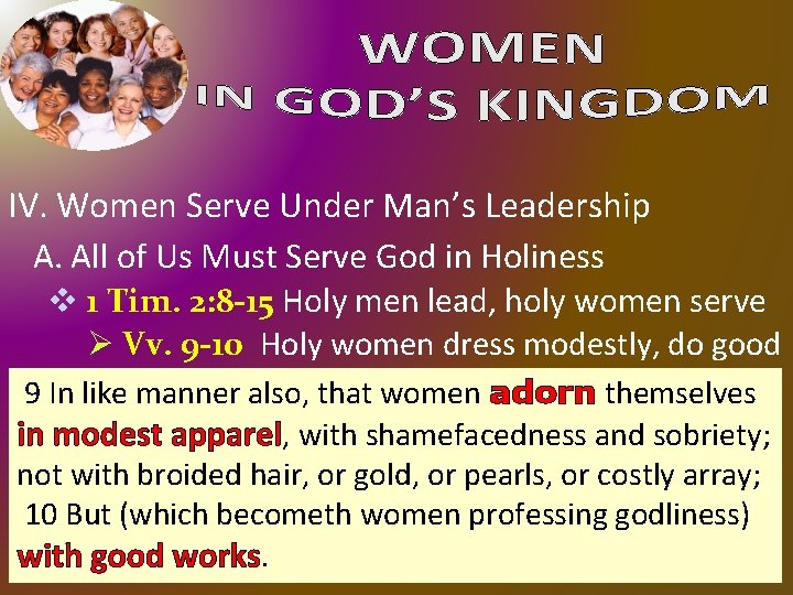 IV. Women Serve Under Man’s Leadership A. All of Us Must Serve God in IV. Women Serve Under Man’s Leadership A. All of Us Must Serve God in