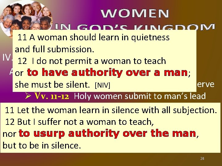 11 A woman should learn in quietness and full submission. IV. Women Serve Under 11 A woman should learn in quietness and full submission. IV. Women Serve Under