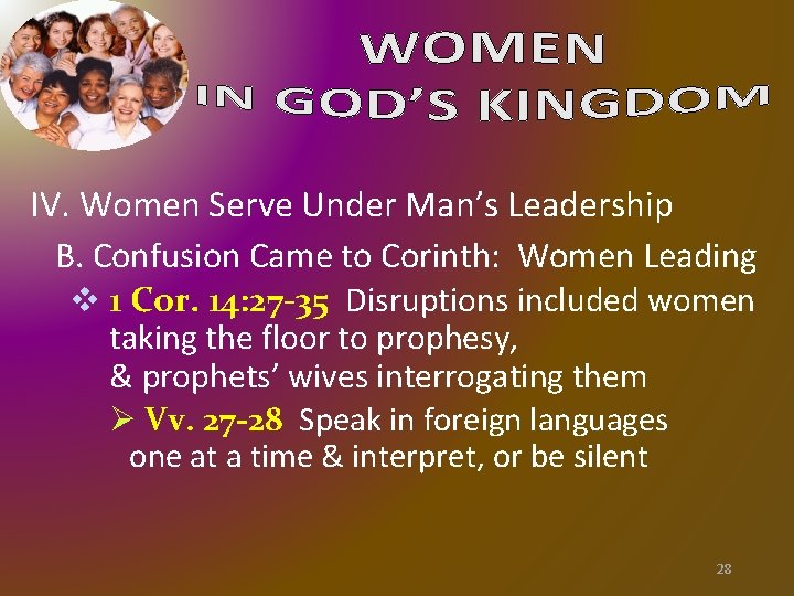 IV. Women Serve Under Man’s Leadership B. Confusion Came to Corinth: Women Leading v IV. Women Serve Under Man’s Leadership B. Confusion Came to Corinth: Women Leading v