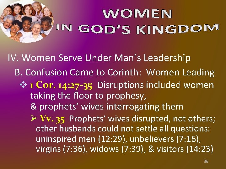 IV. Women Serve Under Man’s Leadership B. Confusion Came to Corinth: Women Leading v IV. Women Serve Under Man’s Leadership B. Confusion Came to Corinth: Women Leading v