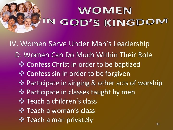 IV. Women Serve Under Man’s Leadership D. Women Can Do Much Within Their Role IV. Women Serve Under Man’s Leadership D. Women Can Do Much Within Their Role