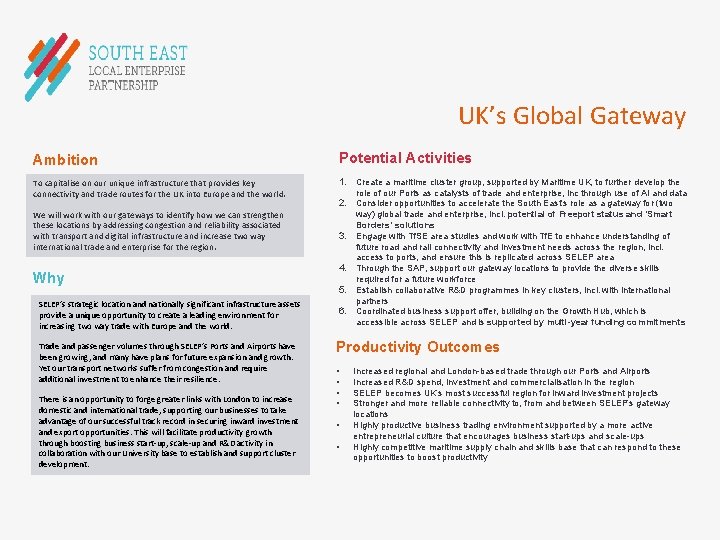 UK’s Global Gateway Ambition Potential Activities To capitalise on our unique infrastructure that provides