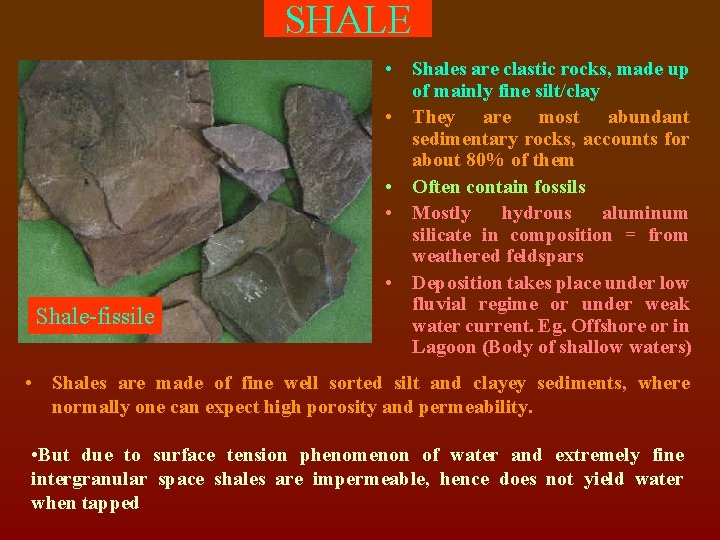 SHALE Shale-fissile • Shales are clastic rocks, made up of mainly fine silt/clay •