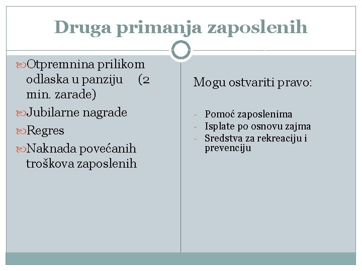 Druga primanja zaposlenih Otpremnina prilikom odlaska u panziju (2 min. zarade) Jubilarne nagrade Regres