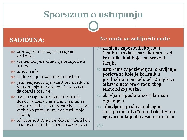 Sporazum o ustupanju SADRŽINA: broj zaposlenih koji se ustupaju korisniku; vremenski period na koji